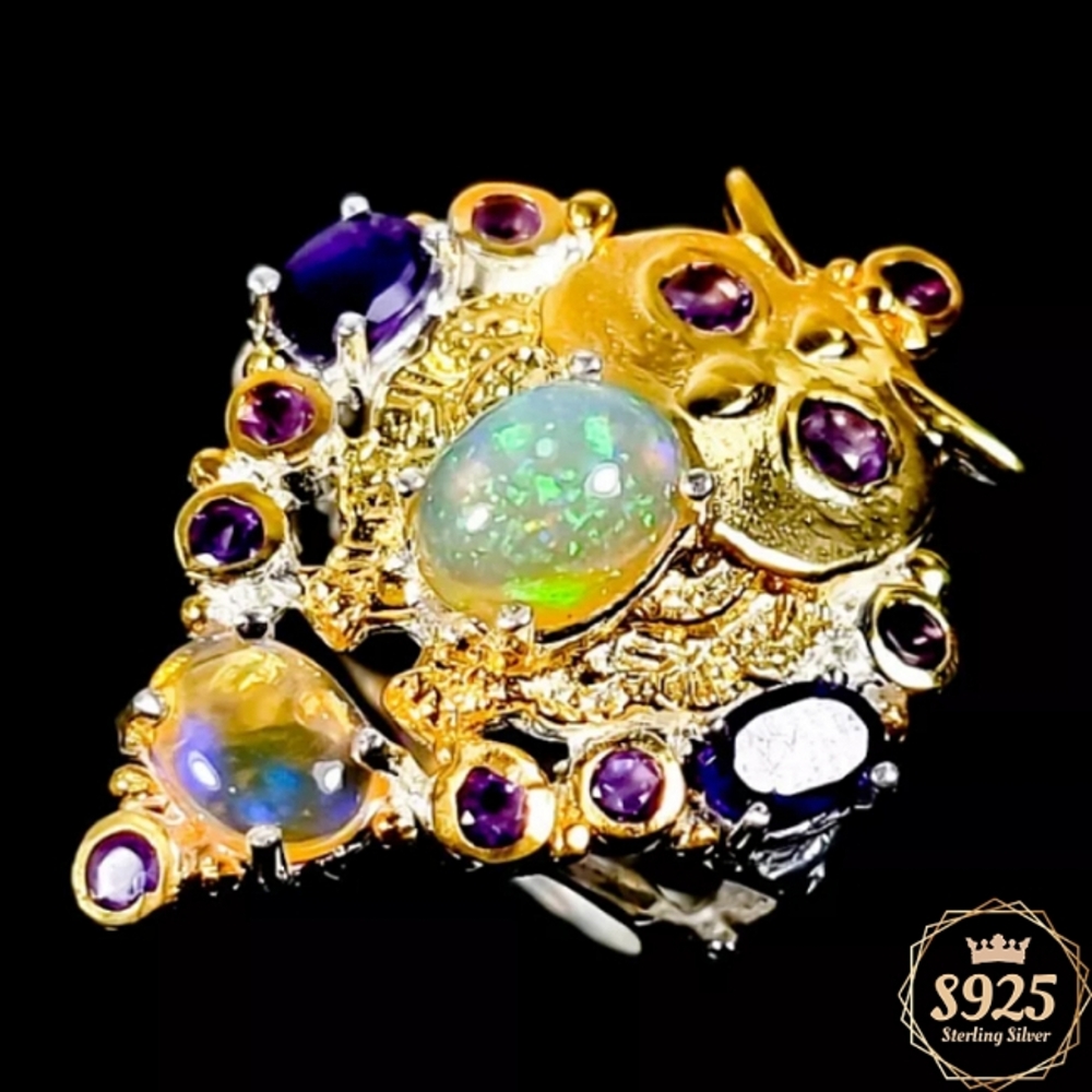 10.3cttw Ethiopian Welo Opal & Amethyst Ring 18K Gold Plated Sterling Silver
